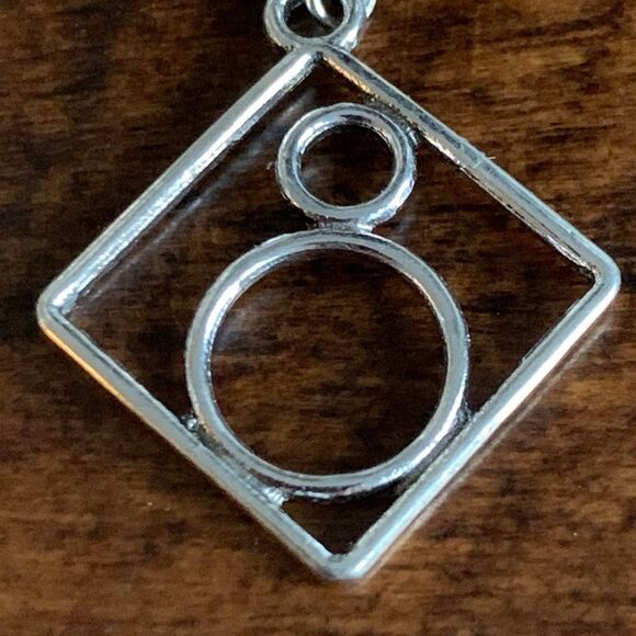 Geometric Square & Circle Dangle Earrings - Aged Silver Finish, Vintage Style - Picture 3 of 9